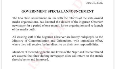 Edo Govt Closes Nigerian Observer For One-Month Revamp Exercise