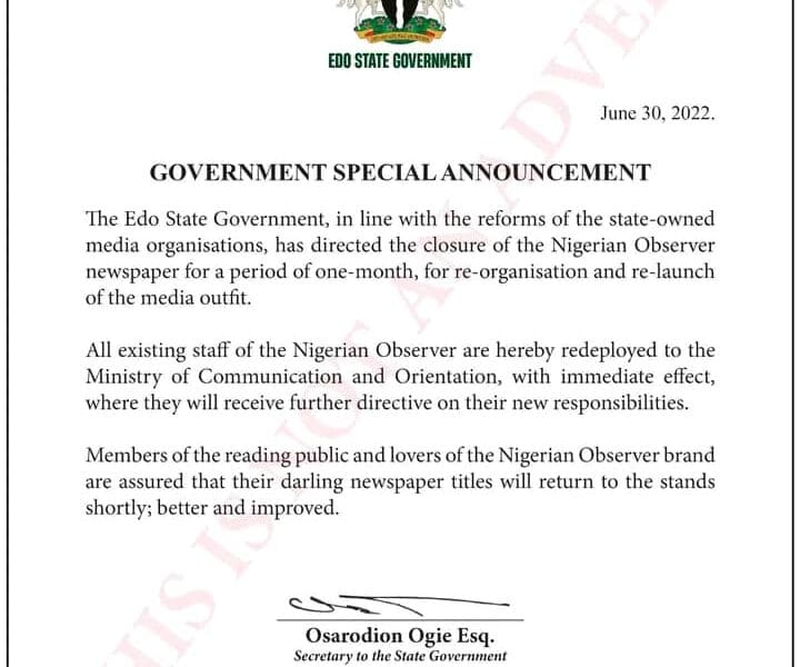 Edo Govt Closes Nigerian Observer For One-Month Revamp Exercise