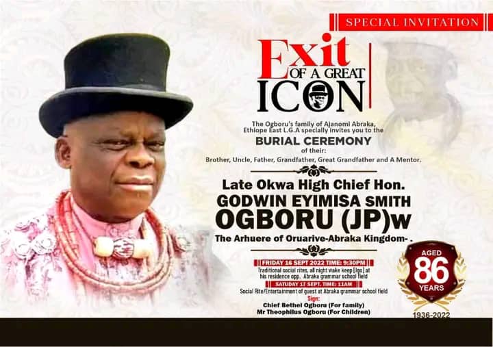 Late Okwa, High Chief Ogboru For Burial September 16