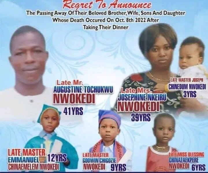 Family-of-six Who Died After Eating Dinner For Burial Nov 29 In Anambra