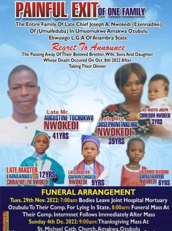 Family-of-six Who Died After Eating Dinner For Burial Nov 29 In Anambra