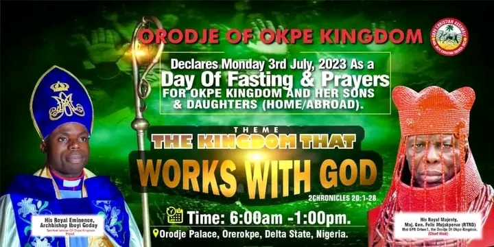 Okpe Kingdom Declares 3rd July ‘Day Of Fasting And Prayer’