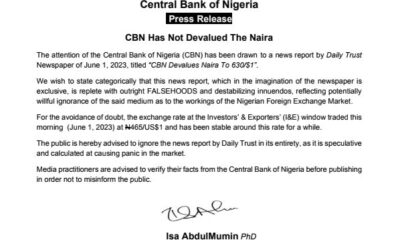 JUST IN: CBN Debunks Claims Devaluing Naira To N631/$1