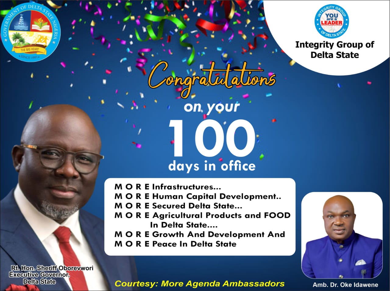 Oborevwori's Purposeful Leadership at 100 Days in Office Commendable, Says Integrity Group 