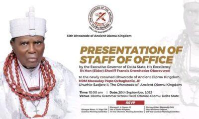 Ohworode Of Olomu Kingdom To Get Staff Of Office Wenesday