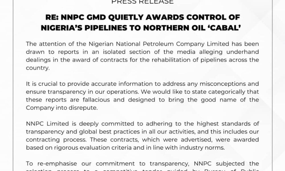 NNPC Denies Quietly Awarding Control Of Nigeria's Pipelines To Northern Oil 'Cabal'
