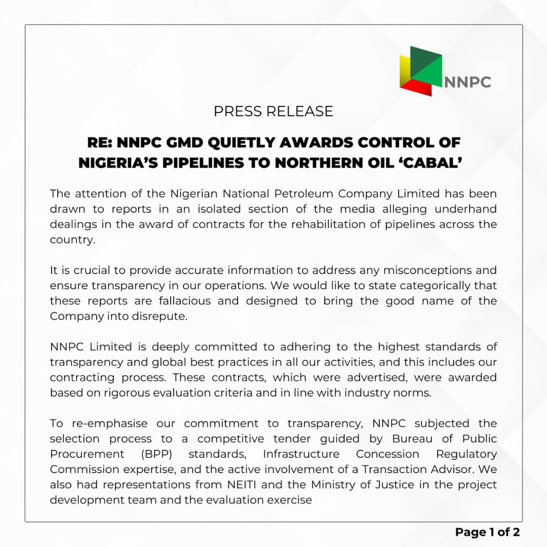 NNPC Denies Quietly Awarding Control Of Nigeria's Pipelines To Northern Oil 'Cabal'