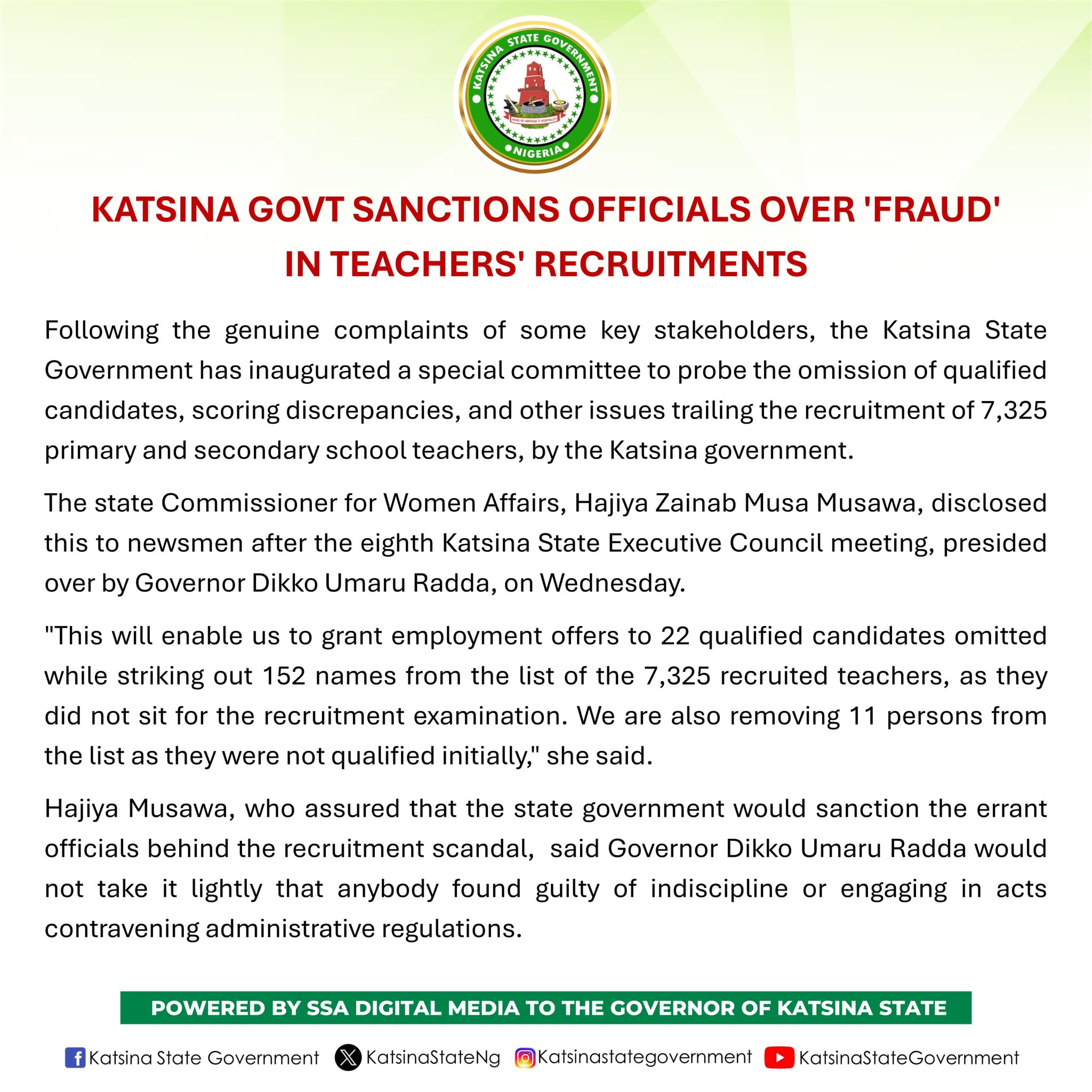 Katsina Govt Sanctions Officials Over 'Fraud' In Teachers' Recruitments