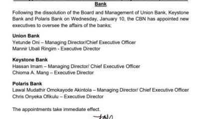 BREAKING: CBN Appoints New Executive Directors For Polaris, Union, Keystone, Banks