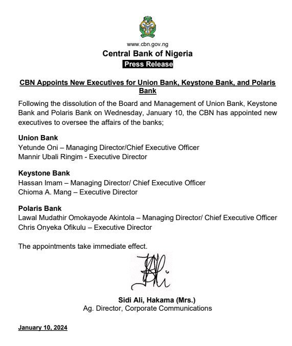 BREAKING: CBN Appoints New Executive Directors For Polaris, Union, Keystone, Banks