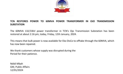 TCN Restores Power To 60MVA Transformer In Ojo Transmission Substation