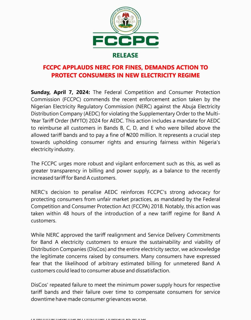 FCCPC Applauds NERC For Fines, Demands Action To Protect Consumers In New Electricity Regime