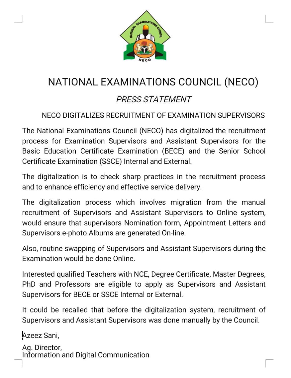 NECO Digitalizes Recruitment Of Examination Supervisors