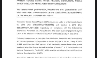 CBN Directs Banks To Charge 0.5% Cybersecurity Levy