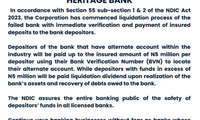 BREAKING: NDIC Commences Liquidation Of Heritage Bank