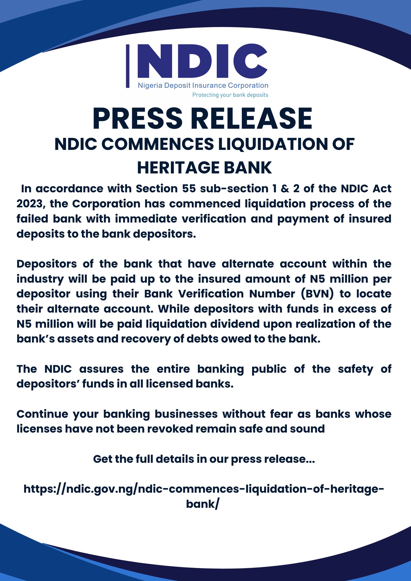 BREAKING: NDIC Commences Liquidation Of Heritage Bank