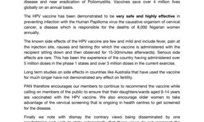 Cervical Cancer: PAN Says HPV Vaccine Safe, Effective, Does Not Affect Fertility