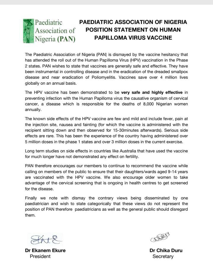 Cervical Cancer: PAN Says HPV Vaccine Safe, Effective, Does Not Affect Fertility