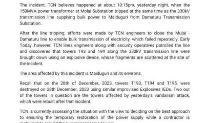 Again, Newly Rebuilt TCN Towers Along Damaturu-Maiduguri Line Have Been Destroyed