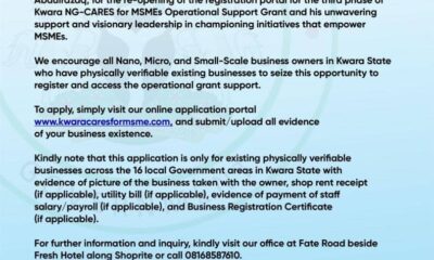 Kwara State Govt. Reopens Application Portal for MSME Operational Grant