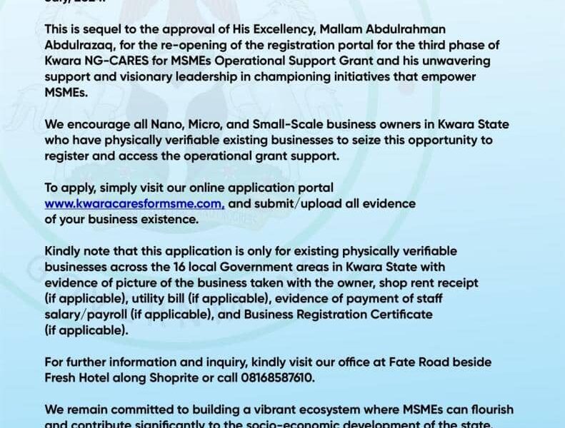 Kwara State Govt. Reopens Application Portal for MSME Operational Grant