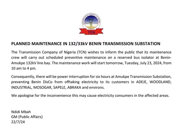 TCN To Carry Out Maintenance Work In Benin Transmission Substation Tuesday