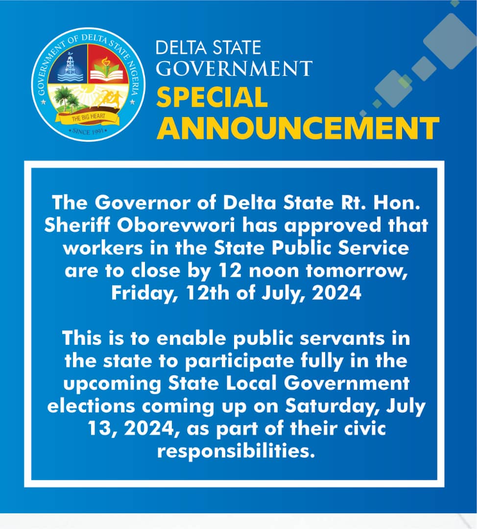 Delta LGA Polls: Government Workers To Close By 12 Noon Friday