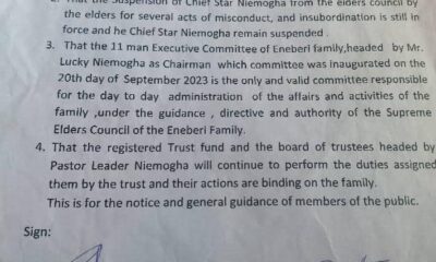 Banishment Of Chief Ukwade, Suspension Of Chief Niemogha, Still In Force --Eneberi Elders Council