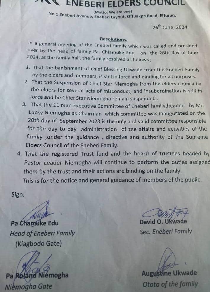 Banishment Of Chief Ukwade, Suspension Of Chief Niemogha, Still In Force --Eneberi Elders Council