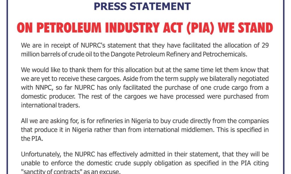 We Are Yet To Receive 29 Million Barrels Of Crude NUPRC Allocated To Us --Dangote