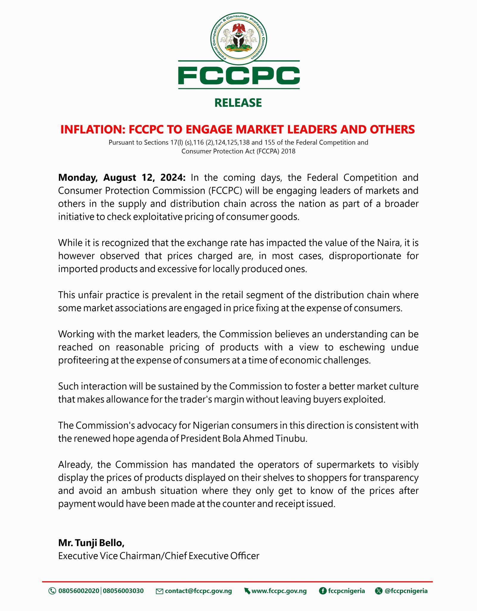 Inflation: FCCPC To Engage Market Leaders, Others