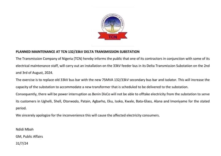 TCN To Commence Two-Day Maintenance In Delta Transmission Substation Friday