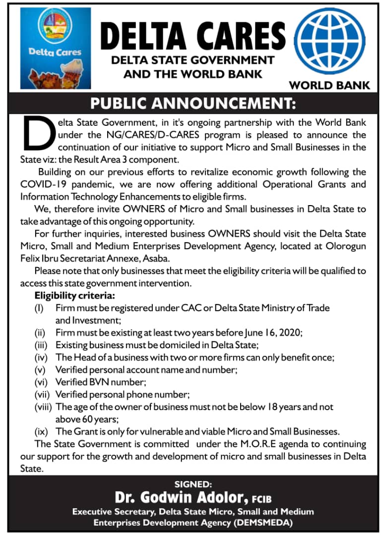 DTSG In Partnership With World Bank Set To Offer Operational Grants, Others To Businesses In Delta