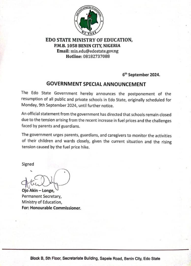 Edo State Govt. Postpones Resumption Of Public, Private Schools Until Further Notice