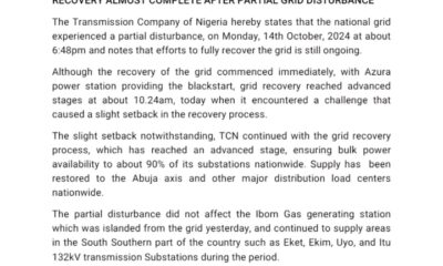 Recovery Almost Complete After Partial Grid Disturbance --TCN