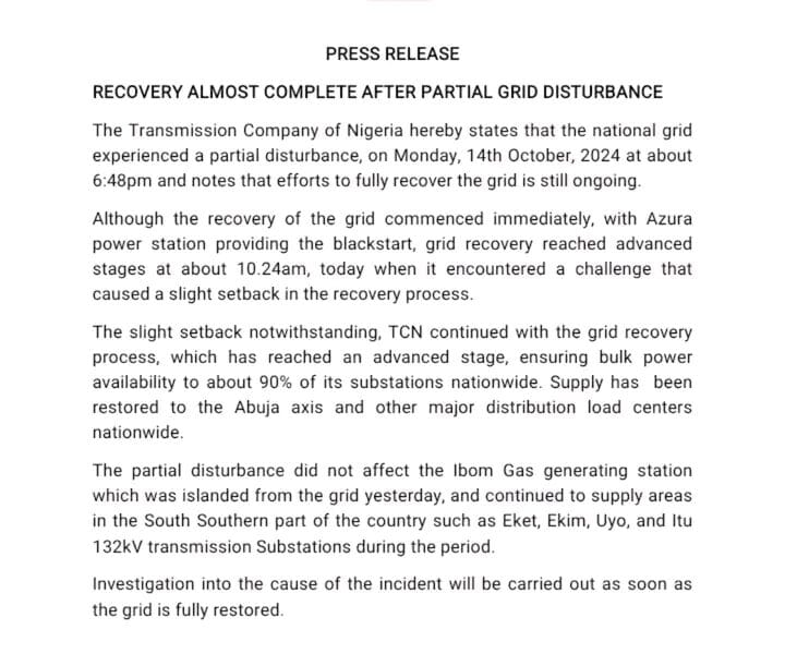 Recovery Almost Complete After Partial Grid Disturbance --TCN