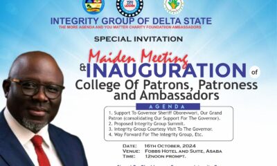 Integrity Group To Inaugurate College Of Patrons, Patronesses, Ambassadors Wednesday