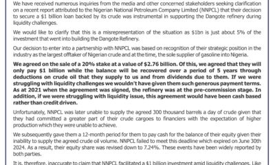 $1Billion Loan: NNPCL Invested, Didn’t Help Us Out Of Liquidity Challenges -Dangote Refinery