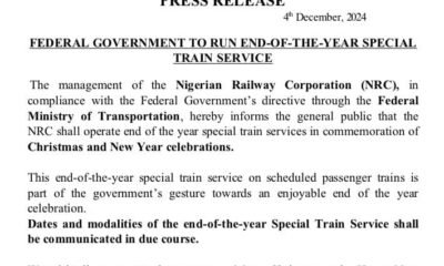 FG To Run End-Of-The-Year Special Train Service