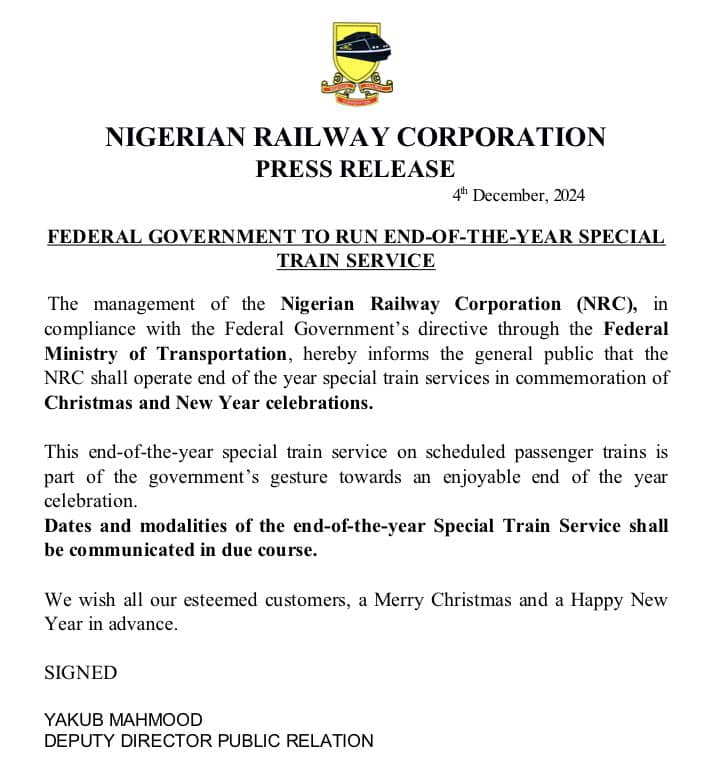 FG To Run End-Of-The-Year Special Train Service