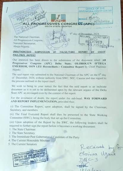 Delta APC Disowns Akpeki Submission Of 'Fake' Reconciliation Report To National Chairman 