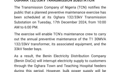 TCN Announces Planned Preventive Maintenance At Oghara Transmission Substation Tuesday