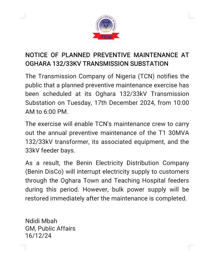 TCN Announces Planned Preventive Maintenance At Oghara Transmission Substation Tuesday