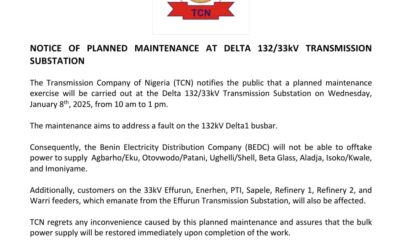 TCN To Carry Out Planned Maintenance At Delta 132/33kV Transmission Substation Today