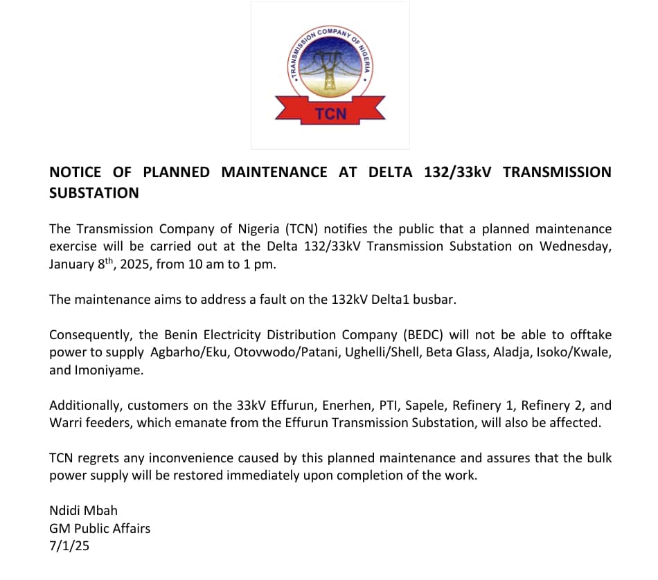 TCN To Carry Out Planned Maintenance At Delta 132/33kV Transmission Substation Today