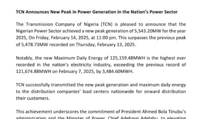 TCN Announces New Peak In Power Generation