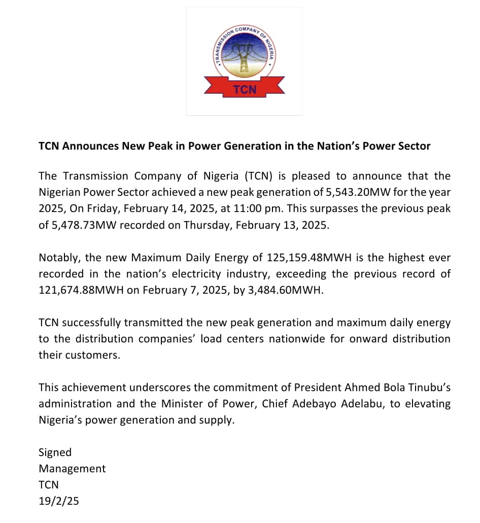 TCN Announces New Peak In Power Generation