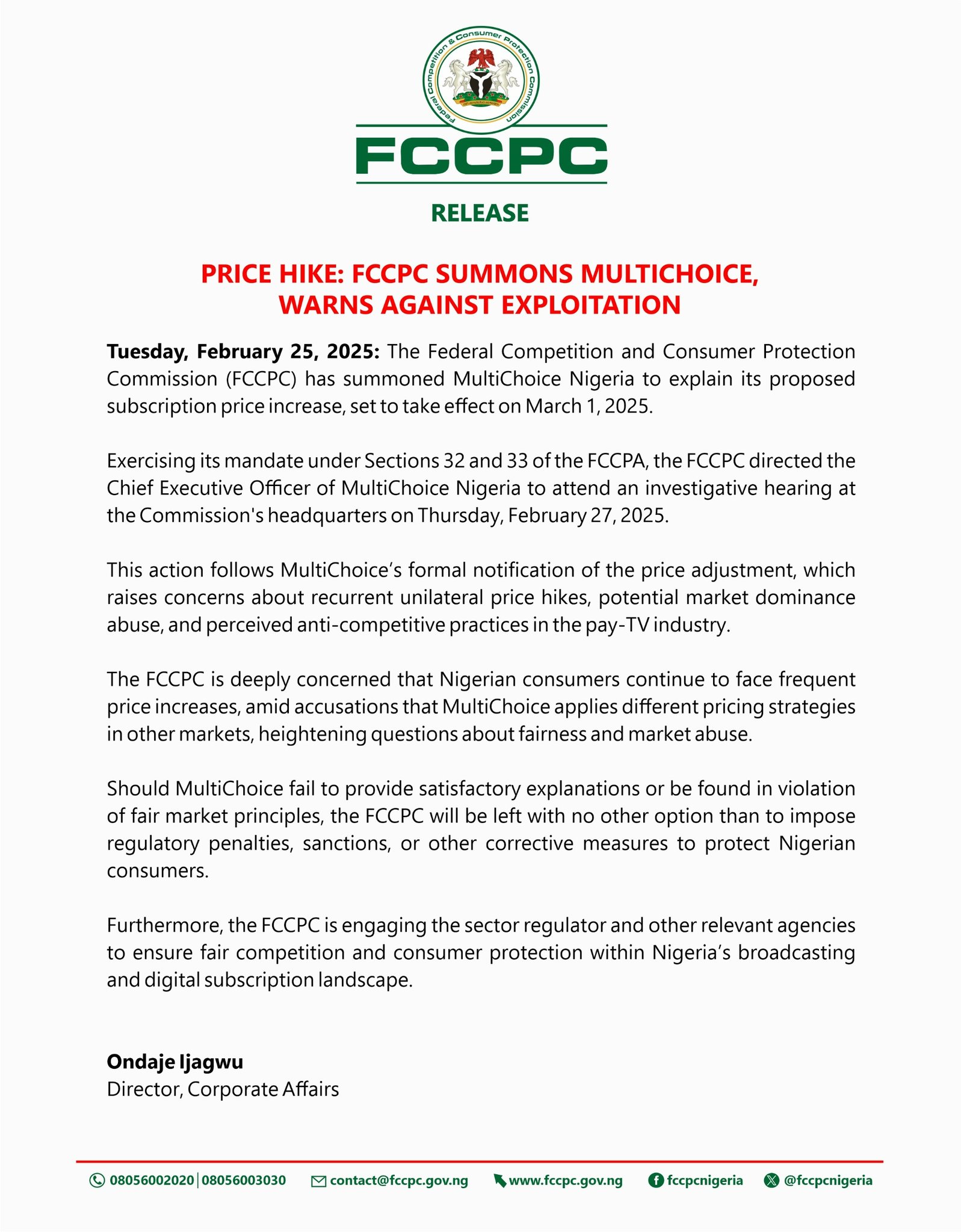 Price Hike: FCCPC Summons MultiChoice, Warns Against Exploitation