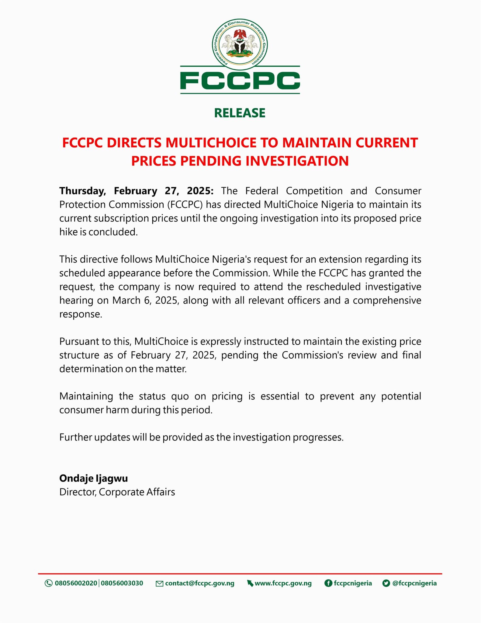 FCCPC Directs MultiChoice To Maintain Current Prices Pending Investigation