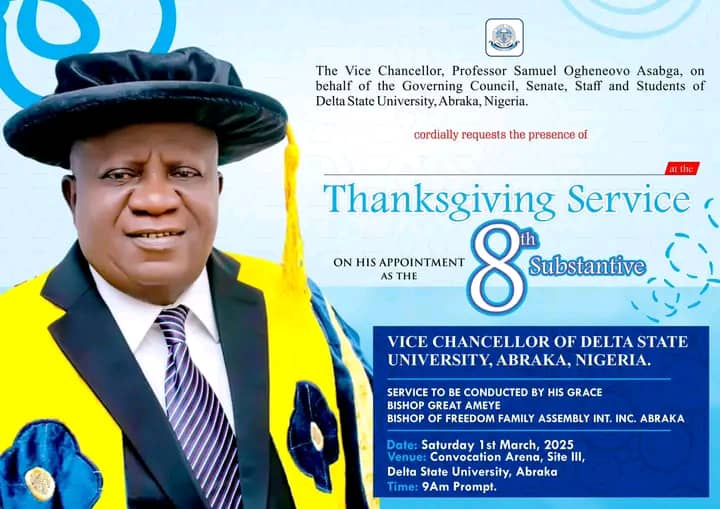 DELSU VC, Professor Asagba, To Hold Thanksgiving Service Saturday